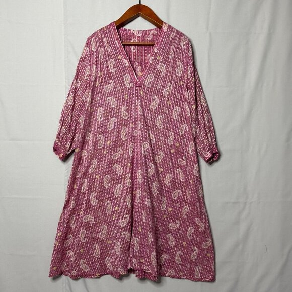 Zara Pink Paisley Cotton V Neck Ballon Sleeve A Line Kaftan Midi Dress Size M - Picture 11 of 13